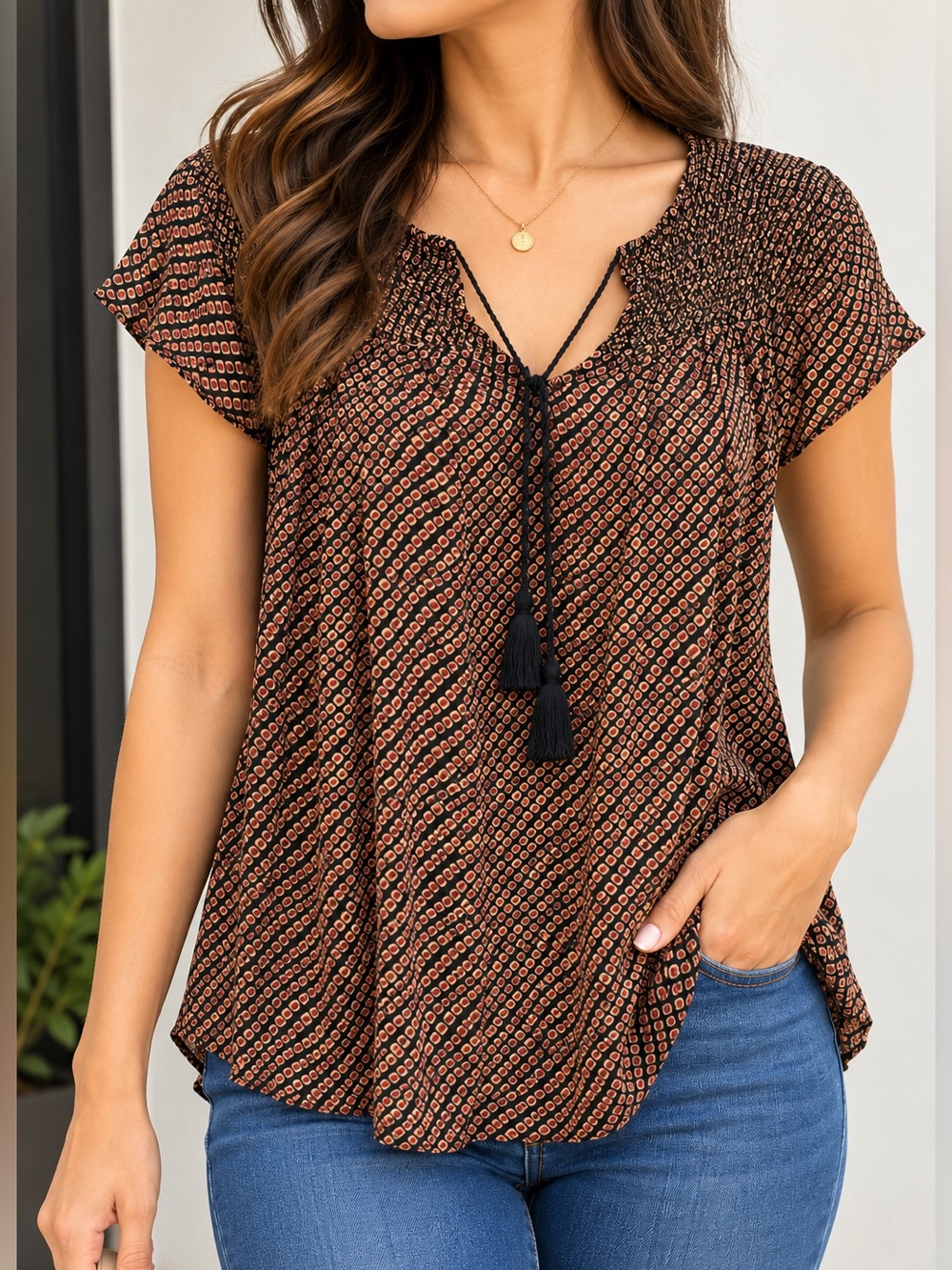 Lucky Brand semi sheer Short Sleeve Blouse Small